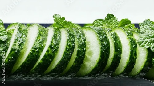 Sliced cucumber with mint leaves