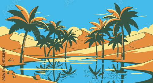 Serene Desert Oasis Illustration with Palm Trees and Reflective Water Ideal for Travel Posters, Vacation Brochures, and Tropical Themed Designs