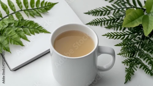 White mug of light-brown liquid with fern leaves