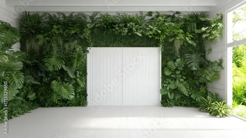White room with lush green wall of plants