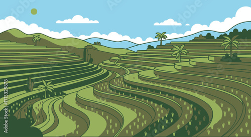 Serene Rice Terraces Landscape Illustration Showcasing Agricultural Harmony and Natural Beauty Ideal for Tourism, Environmental Projects, and Educational Materials.