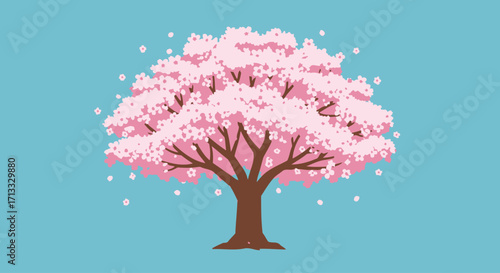 Serene Cherry Blossom Tree Illustration on Light Blue Background for Spring, Nature, and Design Projects; Ideal for greeting cards, website banners, and seasonal promotions