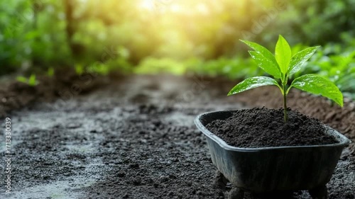 Young plant sprouting in dark soil, with blurred green background