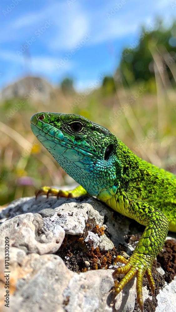 Fototapeta premium Close-up of a vibrant green lizard on a rock