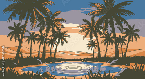 Serene Desert Oasis Illustration with Palm Trees and Reflective Water for Travel and Nature Themed Projects