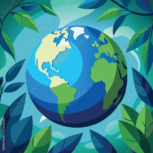 Planet Earth framed by vibrant green and blue foliage