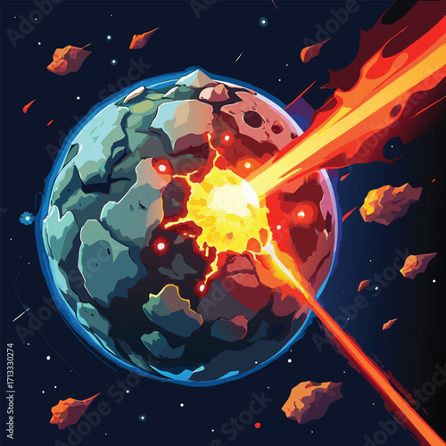 Planet exploding with asteroid impact and fiery beams