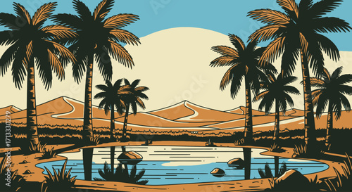 Serene Desert Oasis Illustration with Palm Trees and Dunes, Perfect for Travel Brochures and Nature-Themed Designs
