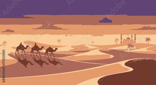 Serene Desert Caravan Illustration Featuring Camels and a Distant Cityscape, Ideal for Travel Brochures and Cultural Heritage Projects