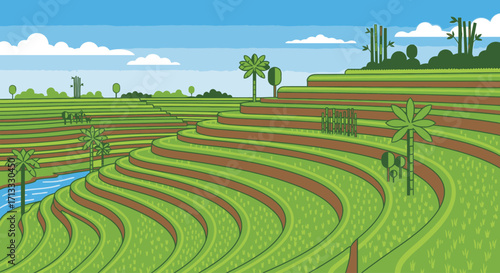 Serene pixel art depiction of verdant rice terraces cascading down a hillside, showcasing agricultural landscapes and promoting sustainable farming practices in Southeast Asia.