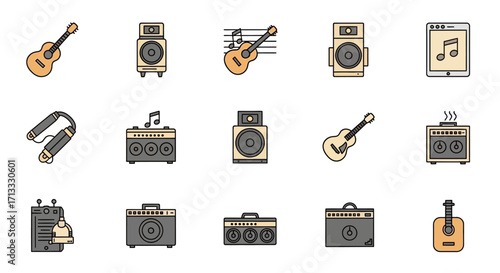 Vibrant music icons featuring guitars, amplifiers, speakers, and digital devices for audio creation and enjoyment