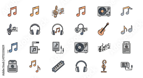 Vibrant music icons capture melody, rhythm, and sound production for dynamic creative projects