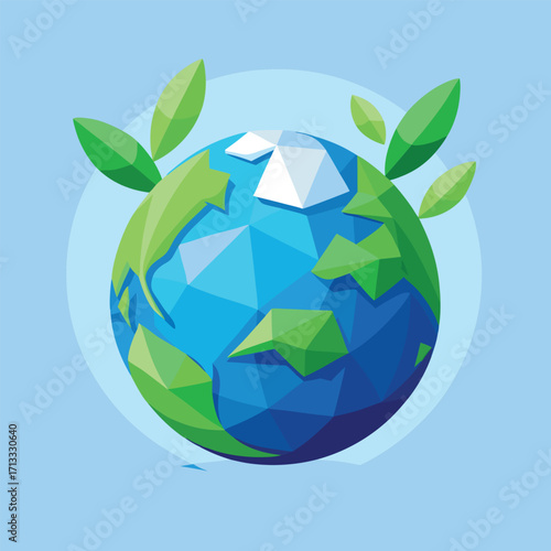 Polygonal Earth with Green Leaves and Blue Background