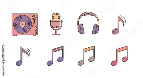 Dynamic music icons capture creative vibe with turntable microphone headphones and notes