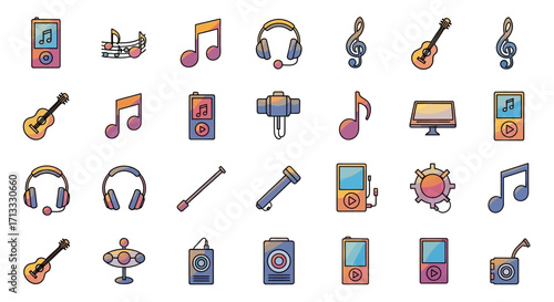 Vibrant music icons set featuring guitars, headphones, notes, and audio devices for creative projects