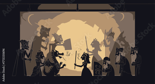 Enchanting Shadow Puppet Theater Depicting a Classic Fairy Tale Scene with Kings, Queens, and Dragons for Cultural Performances and Theatrical Arts