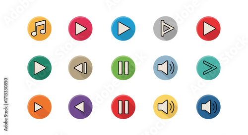 Vibrant colorful media player icons perfect for music apps and digital interfaces