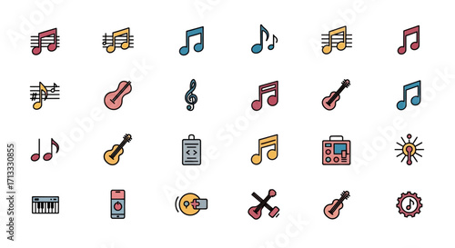 Vibrant collection of musical notes, instruments, and audio technology icons for creative projects