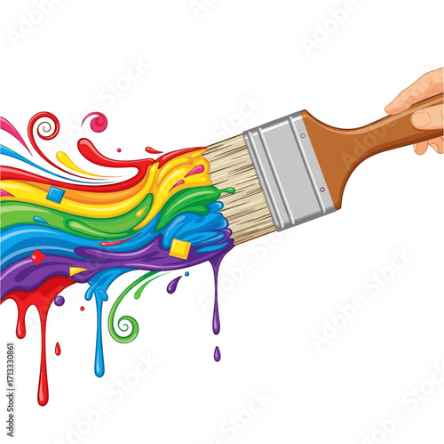 Hand holding paintbrush with colorful rainbow paint