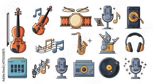 Vibrant collection of musical instruments and audio icons for dynamic sound creation and performance themes