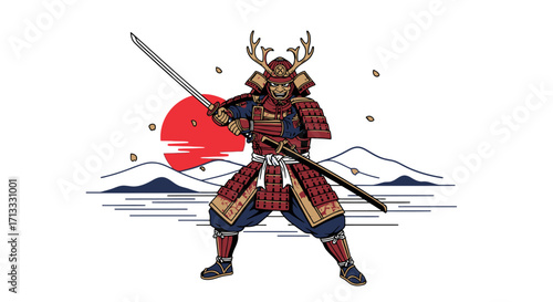 Fierce Samurai Warrior Illustration with Katana and Traditional Armor, Ideal for Historical Art, Gaming Graphics, and Cultural Design Projects