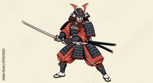 Illustrative Depiction of a Samurai Warrior in Full Armor, Ready for Battle Depicting Japanese Culture and Historical Significance, Ideal for Educational Resources and Historical Art