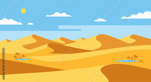 Serene Desert Landscape Illustration Featuring Rolling Sand Dunes, Oases, and a Clear Blue Sky, Suitable for Travel, Nature, or Educational Projects