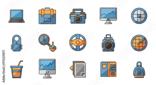 Modern business icons for strategy planning, travel, and finance success