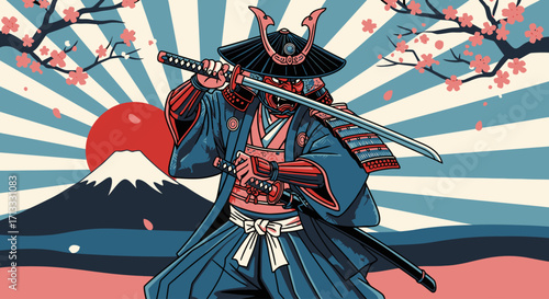 Fierce Samurai Warrior Illustration with Katana Sword, Mount Fuji, and Cherry Blossoms. Ideal for representing Japanese culture, martial arts, and historical themes.