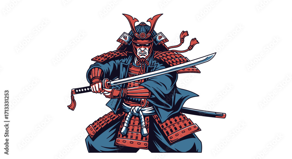 Obraz premium Fierce Samurai Warrior Illustration with Katana Sword and Detailed Armor for Martial Arts and Japanese Culture Design Projects