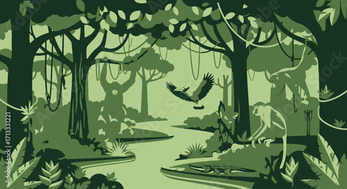 Lush Amazon Rainforest Illustration with Diverse Wildlife, Vibrant Green Canopy, and Serene River Scene for Environmental Education and Conservation Campaigns.