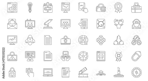 Modern business icons representing technology, data, finance, and success for digital projects