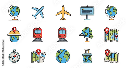 Explore the world with vibrant travel icons featuring globes, planes, trains, maps, and compasses for your next adventure.