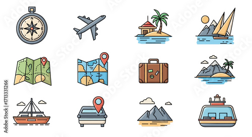 Embark on an adventure with these vibrant travel icons, perfect for planning your next getaway!