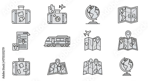 Icon set for travel planning featuring suitcases, globes, maps, and transportation