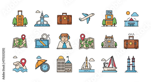Explore vibrant travel icons showcasing destinations, adventures, and journeys for your next trip inspiration