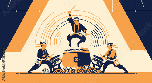Dynamic Taiko Drum Performance Illustration Showcasing Energy, Rhythm, and Traditional Japanese Culture. Suitable for cultural events, music festivals, or educational resources.