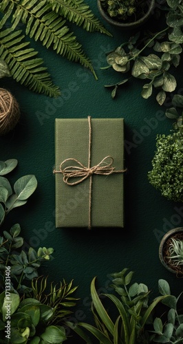 A dark-green gift box, simply tied with twine, sits centered amongst an array of lush green foliage and small potted plants on a matching deep green background