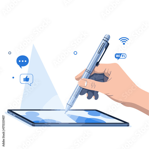 Hand holding stylus pen on digital tablet