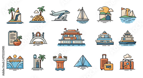 Vibrant travel icons showcasing destinations, transportation, and leisure activities for your next adventure