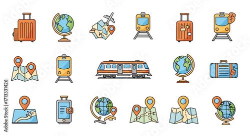 Embark on global adventures with these vibrant travel icons featuring suitcases, globes, trains, and maps.