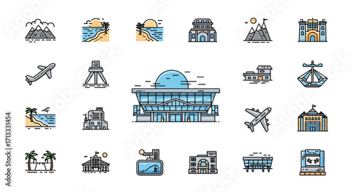 Vibrant travel icons depict destinations, transport, and iconic landmarks for adventure planning