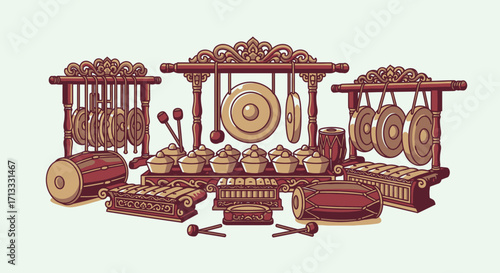 Traditional Indonesian Gamelan Ensemble Illustration for Cultural Events, Musical Education, and World Music Appreciation Projects