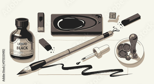 Sumi-e Painting Tools Illustration Depicting Traditional East Asian Ink Art for Calligraphy and Artistic Expression, suitable for educational resources and cultural illustrations.