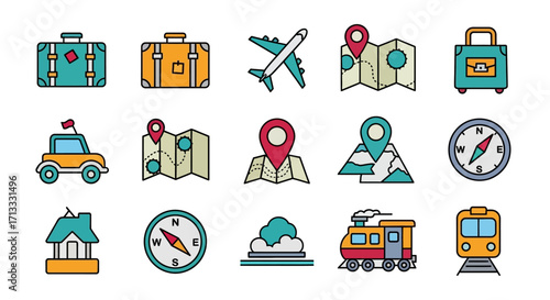 Adventure icons: suitcases, plane, maps, car, compass, train, house, mountains for travel planning