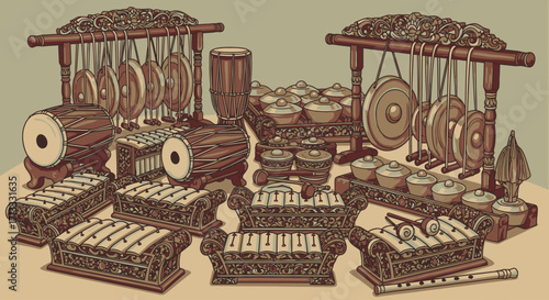 Detailed Illustration of a Gamelan Ensemble, showcasing traditional Indonesian music and cultural heritage. Perfect for educational resources, cultural presentations, or design projects