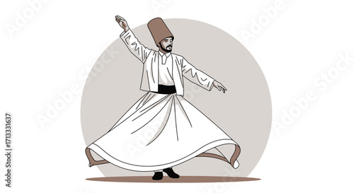 Whirling Dervish Illustration, Celebrating Sufi Culture and Spirituality, Depicting Traditional Dance for Cultural Presentations and Religious Observance Themes