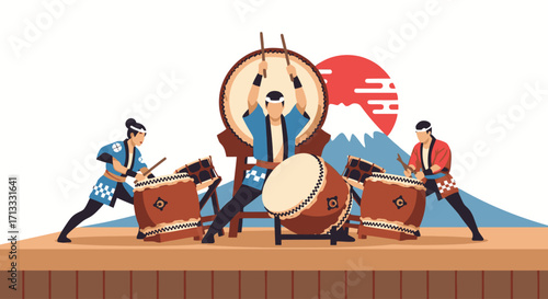 Traditional Japanese Taiko Drummers Performing with Mount Fuji and Rising Sun Backdrop, Ideal for Cultural Events and Festive Celebrations