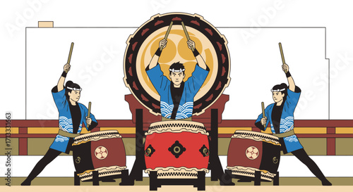 Vibrant Taiko Drum Performance Illustration Showcasing Japanese Cultural Heritage and Musical Artistry for Educational and Promotional Purposes.