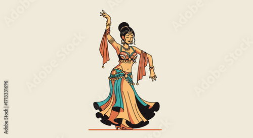 Graceful Belly Dancer Illustration in Traditional Costume, Depicting Cultural Art, Dance Performance, and Ethnic Celebration for Graphic Design Projects